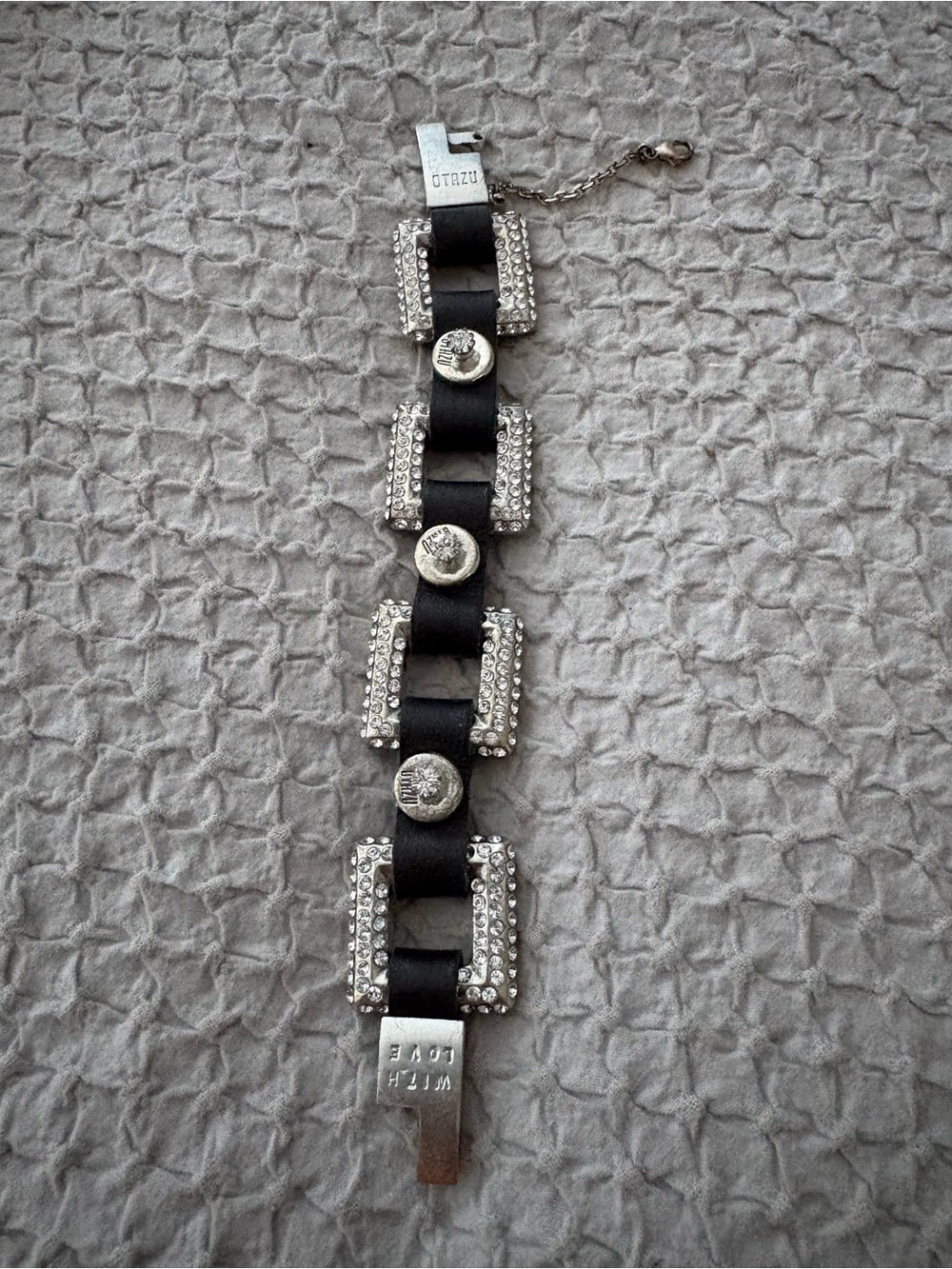 OTAZU Black Swarovski Crystal Link.”, Leather Bracelet with Coin Accents